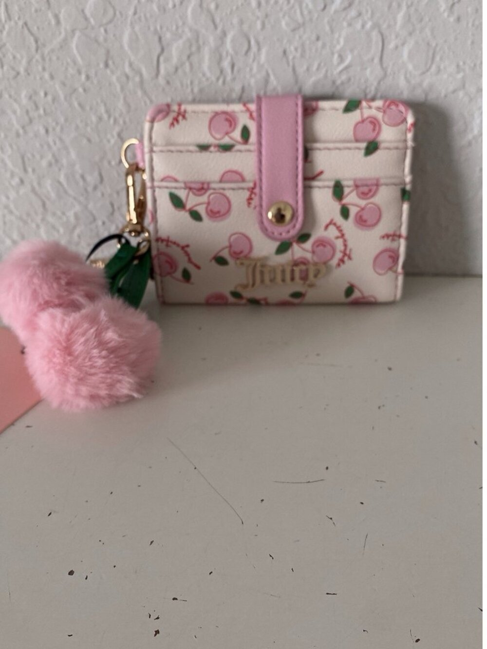 Juicy Couture Cherry Girl CC Wallet Soft White Flamingo Pink W/Charm NEW